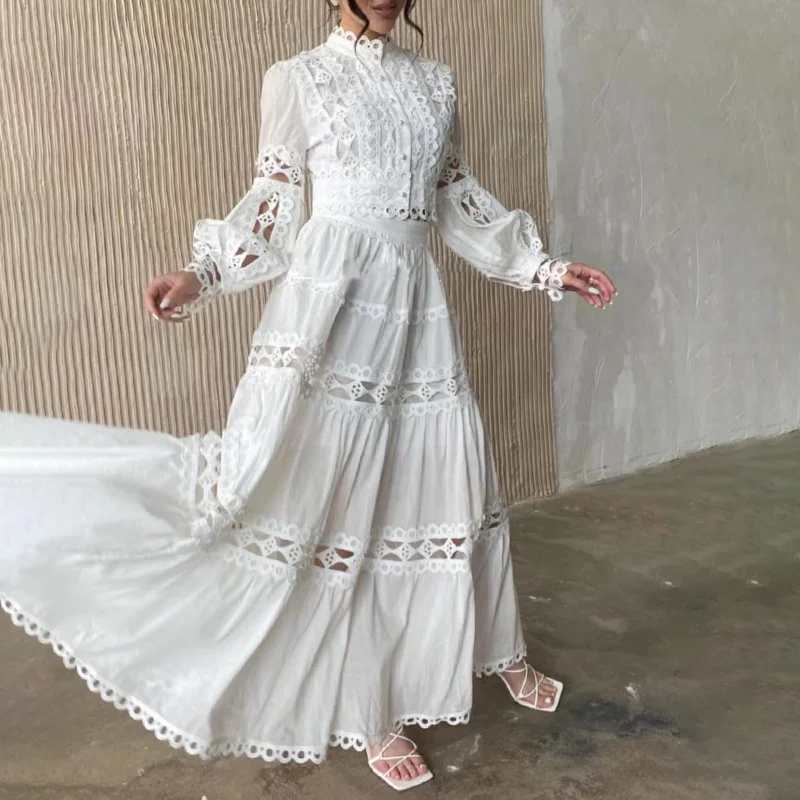 Fashion Runway Flower Embroidery Two Piece Set Women Autumn Single Breasted Lace Shirts + A Line Maxi Long Skirts Suits