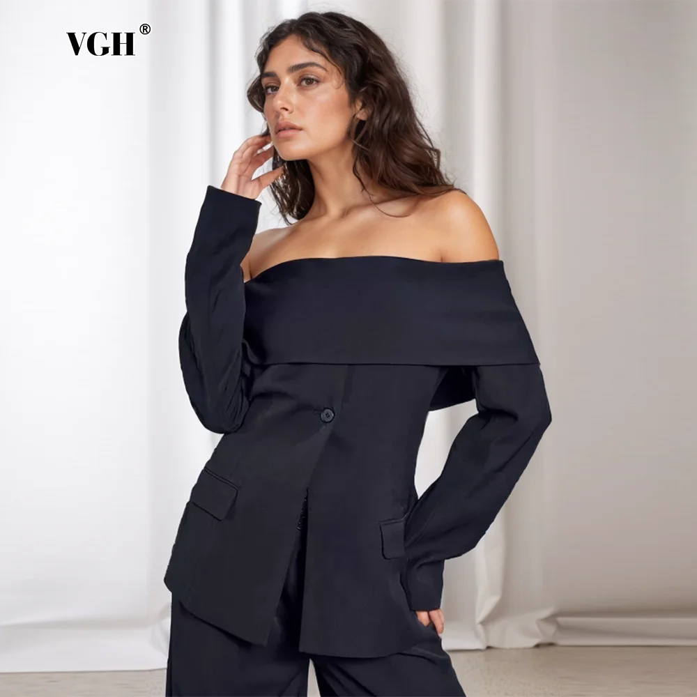 VGH Elegant Patchwork Kniiting Blazers For Women Slash Neck Long Sleeve Spliced Button Temperament Blazer Female Fashion Clothes