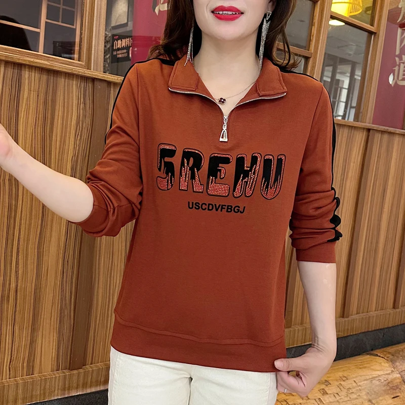 Fashion Stand Collar Zipper Printed Letter T-Shirts Women Clothing 2024 Autumn Winter New Loose Casual Tops Commuter Tee Shirt