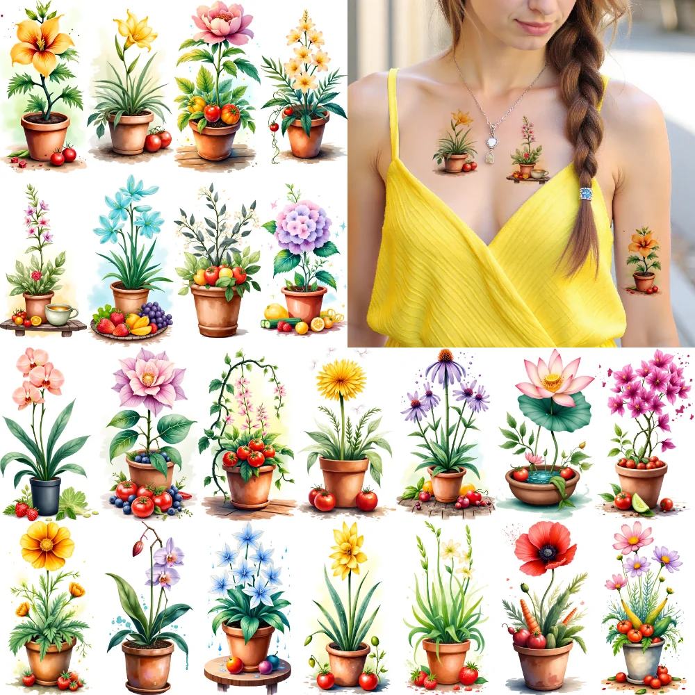 

9pcs Temporary Tattoo Fruit Decorations Watercolor Decorative Plants Temporary Tattoo Stickers For Ladies Shoulders Girls