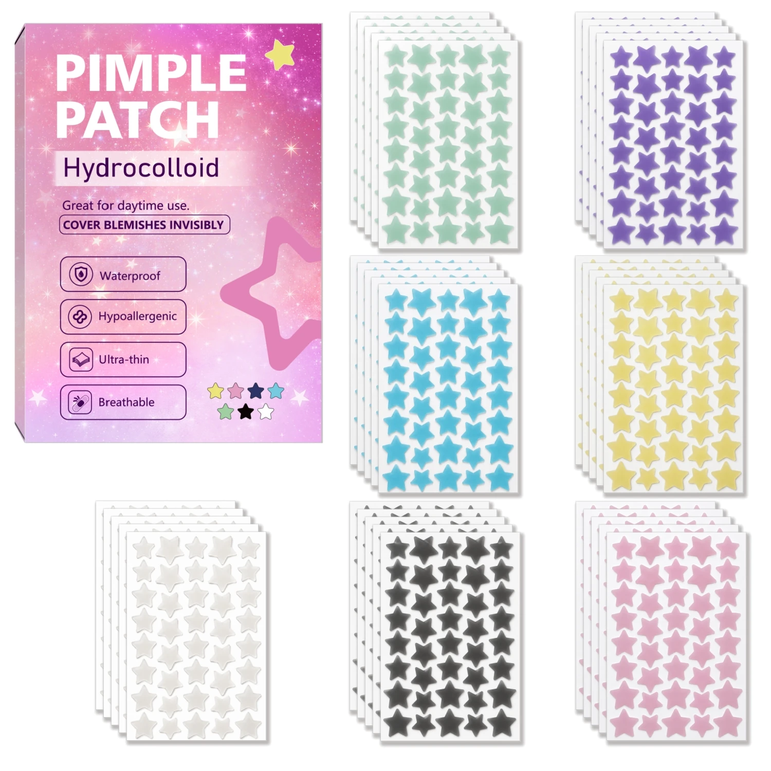 280/560/840/1400 Patchs Hydrocolloïdes en Forme d'Étoile pour Boutons, 7 Couleurs, Autocollants Ultra-Fins et Imperméables pour le Visage, Utilisation Jour et Nuit