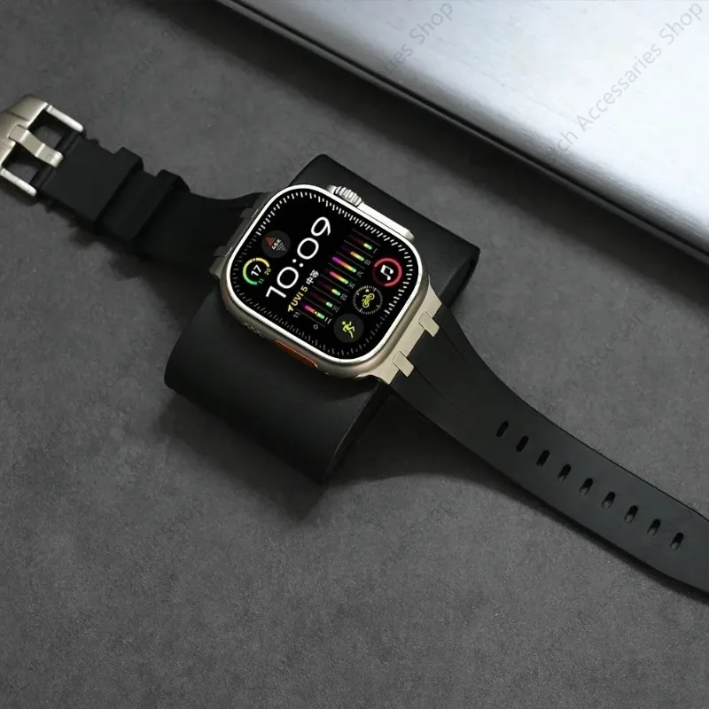 Titanium Color Metal Head Silicone Band for Apple Watch Ultra 2 49mm 45/44/42mm Rubber Strap for Iwatch Series 9 8 7 6 5 4 Se 3