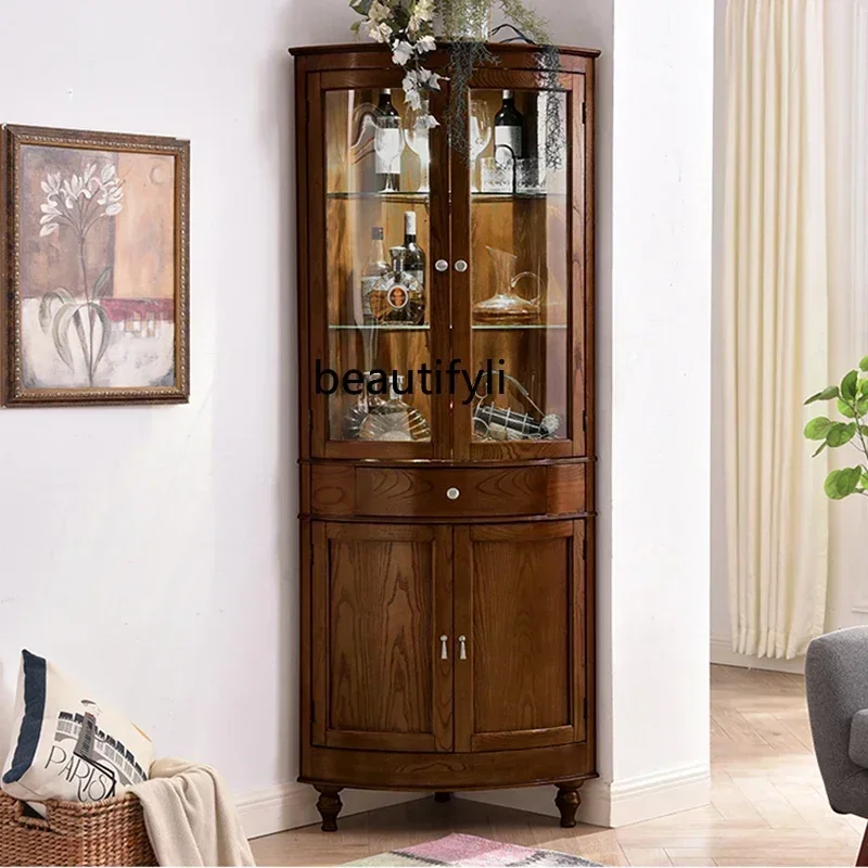 LJY12 خزانة مشروبات مثلثة من الخشب الصلب الأمريكي منحنية وبسيطة لغرفة المعيشة وباب زجاجي وخزانة زاوية للتخزين