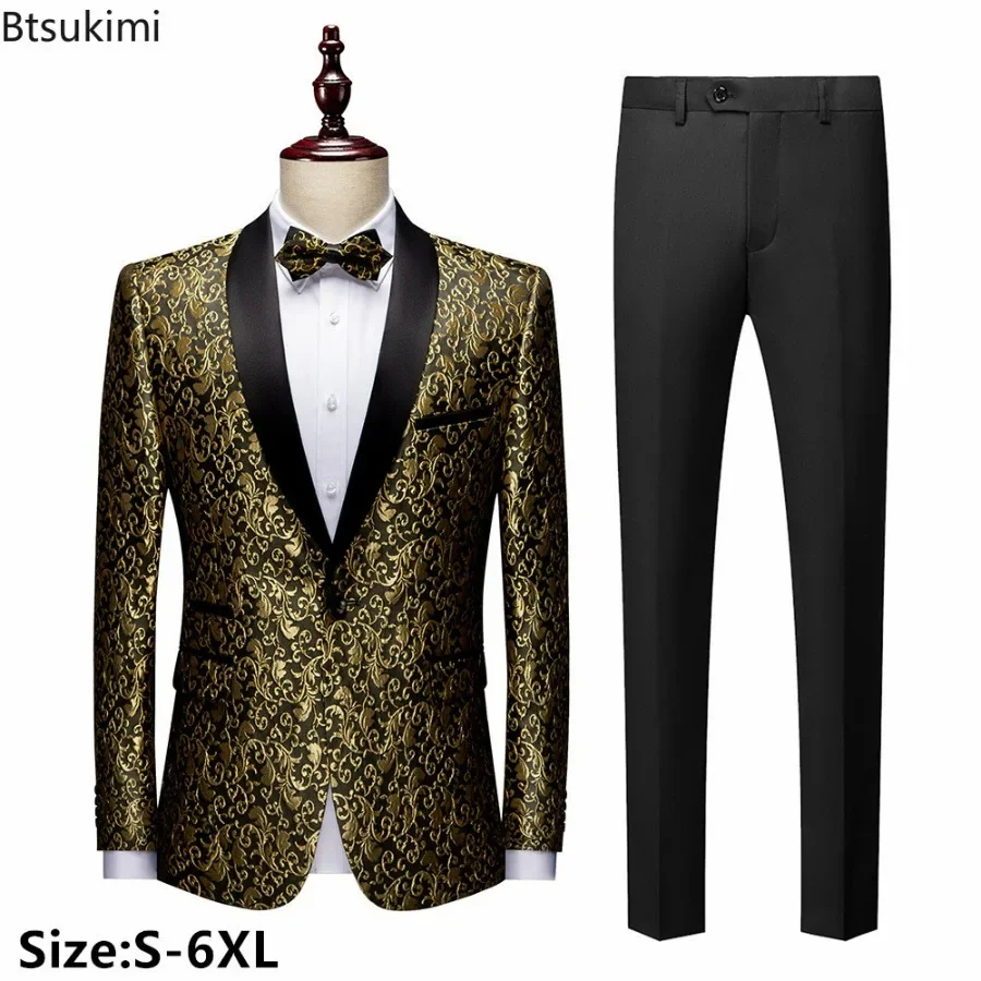 

New Men's Blazers Sets Banquet Party Slim Wedding Tuxedo Suit Jacket+Pants 2 Pieces Man Stage Costume Nightclub Singer Host Suit