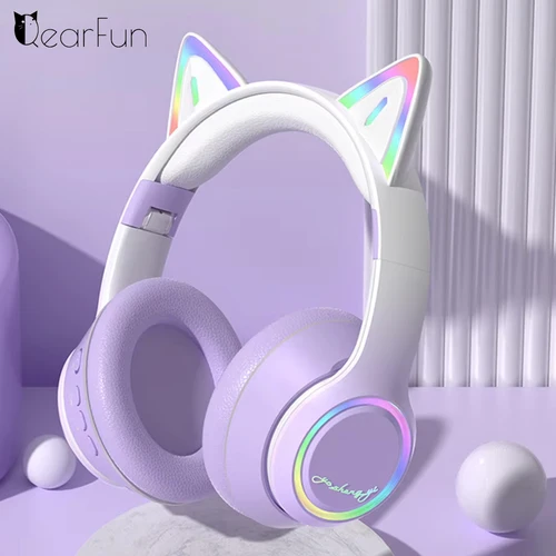 Auriculares Bluetooth con Oreja de Gato RGB para niñas, auriculares inalámbricos con gradiente y micrófono, auriculares estéreo para juegos de música, regalos para niños