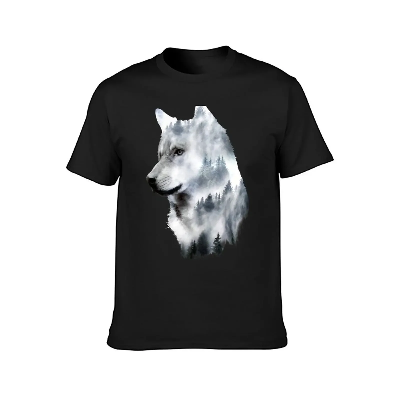 Dramabite Double exposure wolf T-Shirt summer top blacks graphic shirts men graphic t shirts