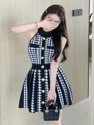 High Street Newest 2023 Fashion Elegant Houndstooth Knitted Dress For Women Sleeveless Sexy Summer Dress Casual Party Dresses