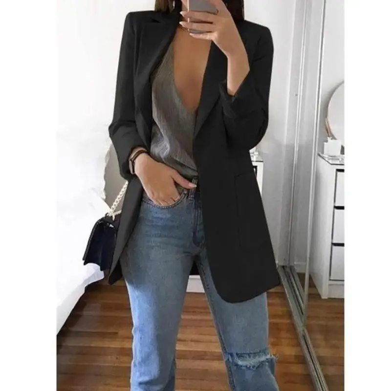 Blazer a maniche lunghe in tinta unita Cardigan tascabile sottile colletto rovesciato cappotto da donna pendolarismo abbigliamento da lavoro Casual autunno