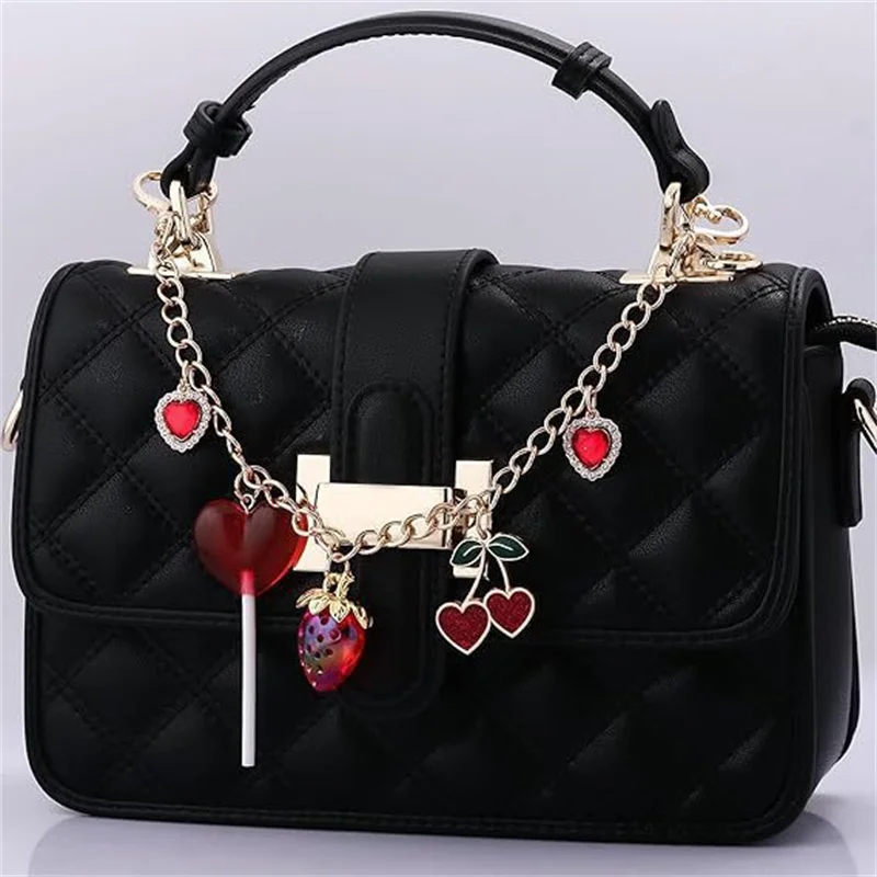 Sweet Pink Crystal Love Cherry Keychain Extended Chain Lollipop Shape Bag Pendant Gold Chain Strawberry Lollipop Keychain Gift