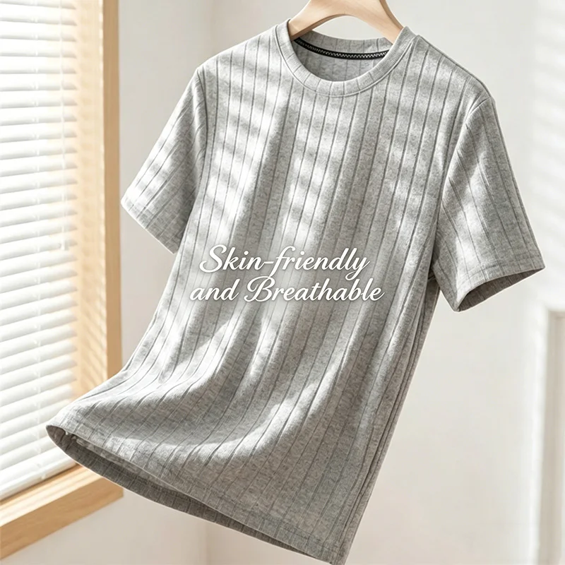 Herren Basic Geripptes Rundhals-T-Shirt Kurzarm Casual Business Wear für Herren Sommer Alltags- und Bürokleidung – Detail 7