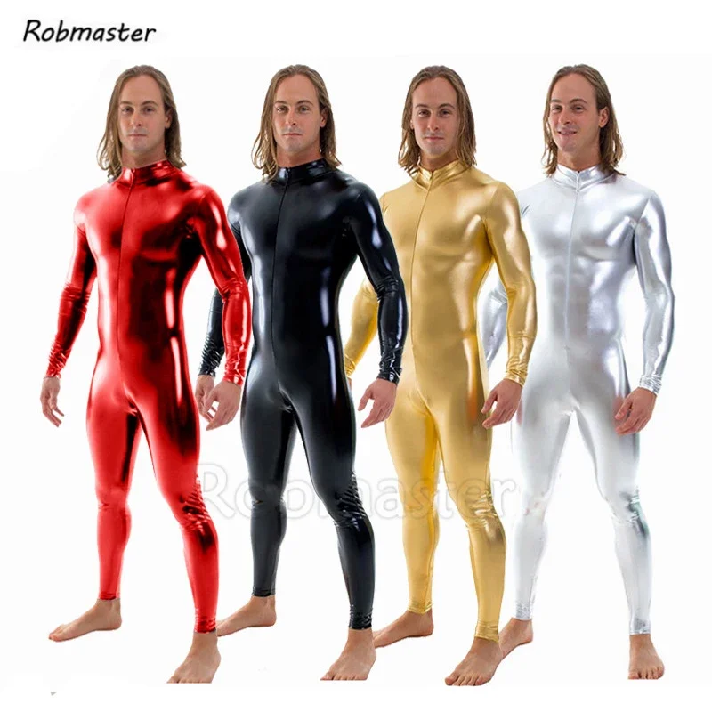 Traje de látex para hombre, medias metálicas brillantes sin cabeza, traje Zentai de manga larga con cremallera frontal, mono de piel personalizado