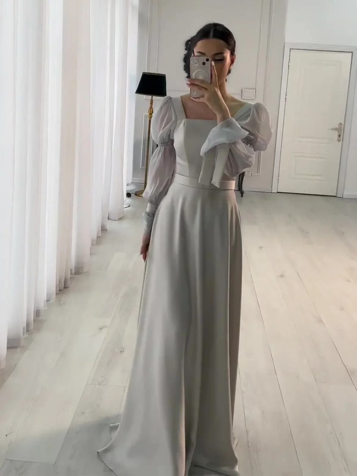 فستان سهرة نسائي شيفون ساتان فرنسي خرافي للغابات بياقة مربعة وحزام وأكمام مضيئة ملابس نسائية أنيقة للغاية ملابس خروج للسيدات