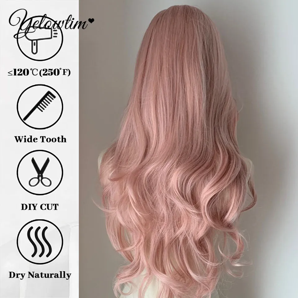 YELOWTIM-Perucas sintéticas onduladas longas com Franja para mulheres, resistente ao calor natural, destaque preto e rosa, cabelos cosplay, diariamente