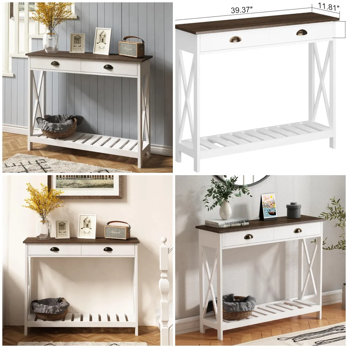 

Farmhouse Console Table with Drawer, Narrow Entryway Table with Shelf, Rustic Vintage Hallway Sofa Table, 40' White