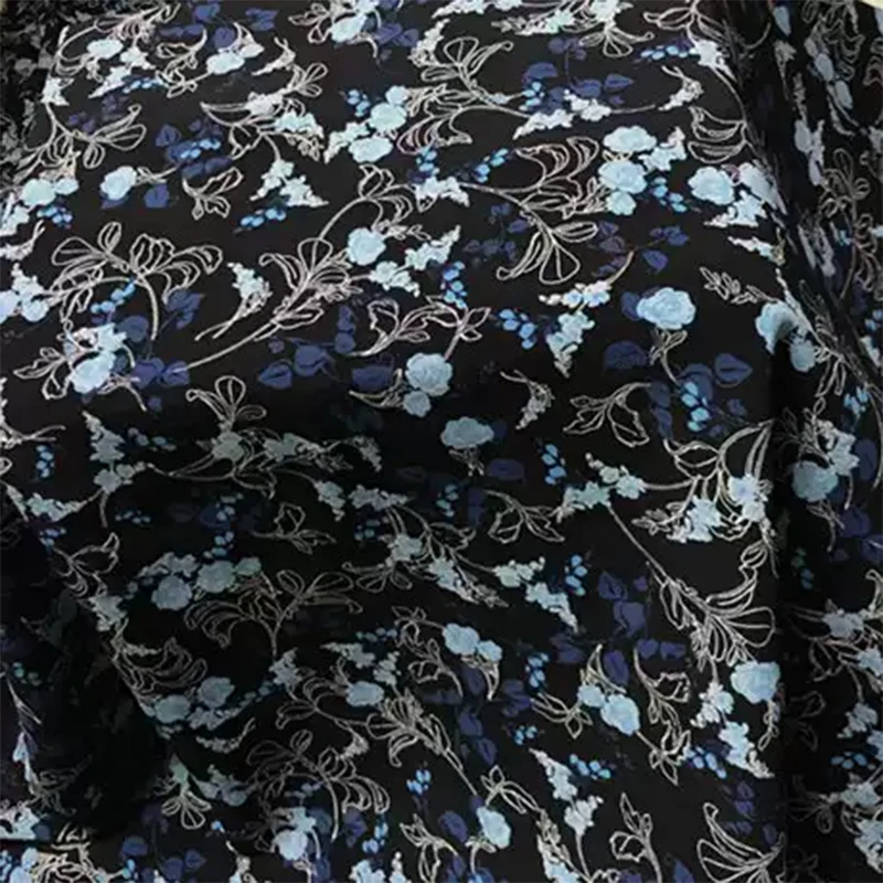 1 meter 100% Mulberry Silk 16 momme Crepe Silk Fabric Black with Blue Floral Printed 140cm 55