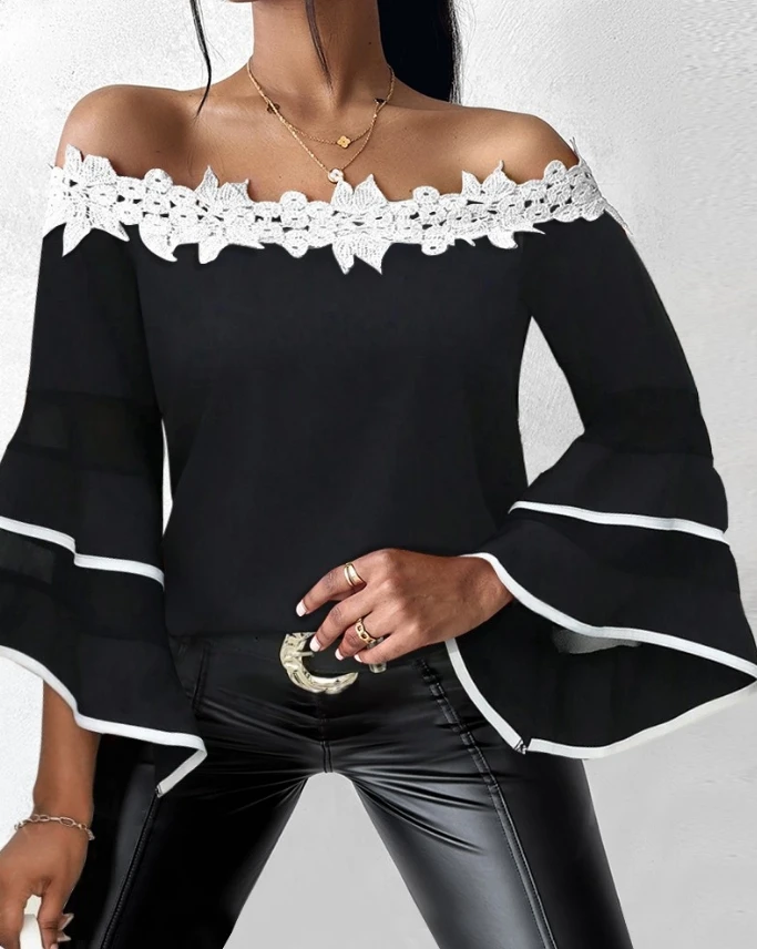 Women's Blouse Tops Spring Summer Fashion Elegant Contrast Paneled Mesh Lace Off the Shoulder Bell Long Sleeve Loose Fit Top