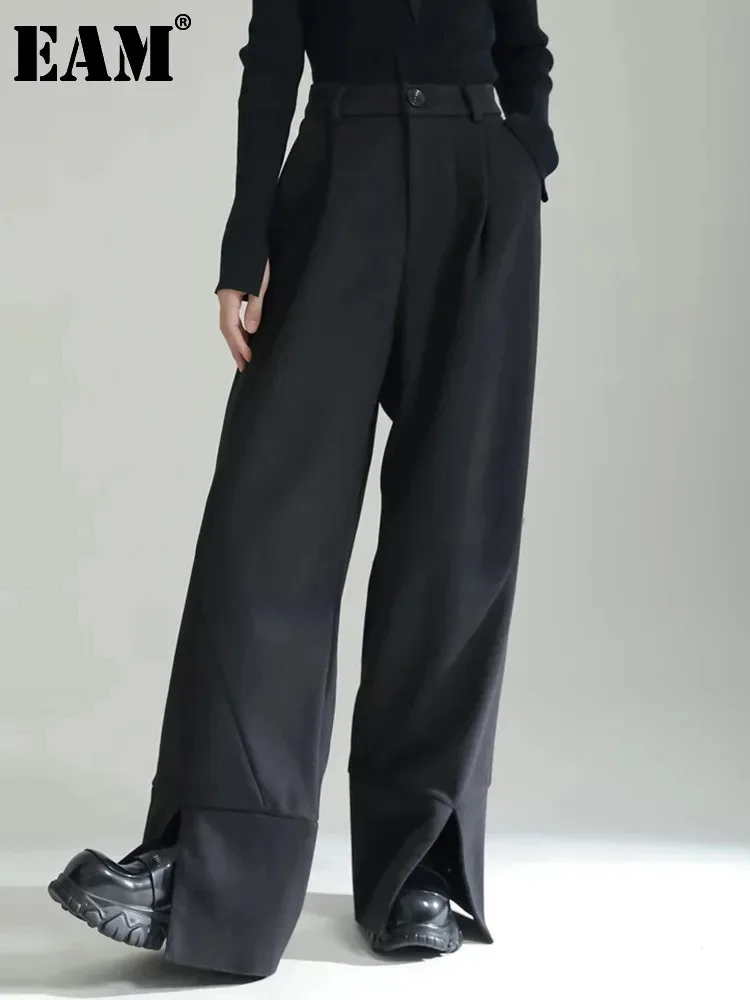 [EAM] High Waist Black Casual Wooden Wide Leg Thick Pants New Loose Fit Trousers Women Fashion Tide Autumn Winter 2024 1DF3804