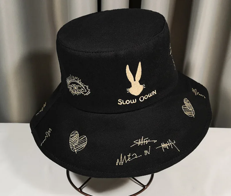 Women\'s Summer Rabbit Bucket Hat Bob Men\'s Black Bunny Embroidery Panama Hip Hop Caps Travel Fashion Fishing Sun Fisherman Hat