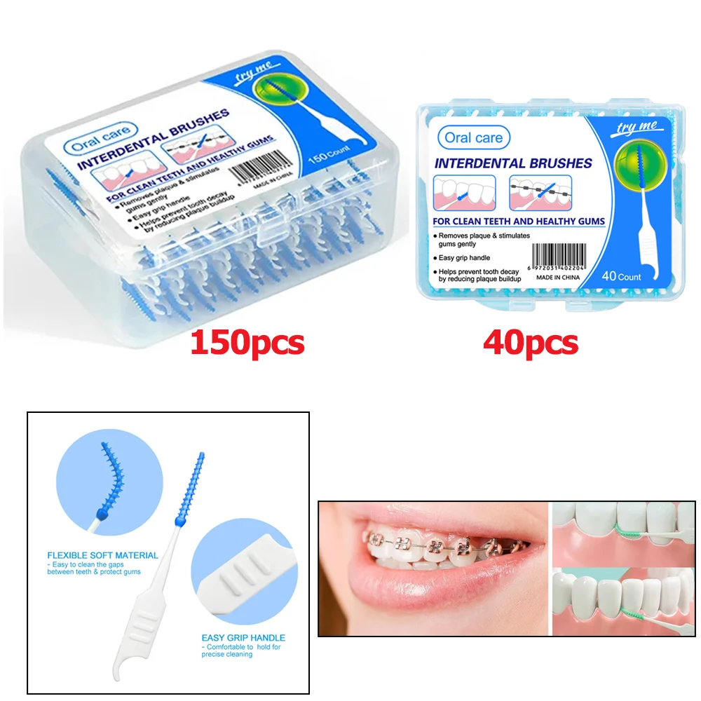 

Silicone Dental Brushes 150/40pcs Gentle Interdental Cleaners Tooth Floss Picks for Braces Travel-Friendly Oral Care