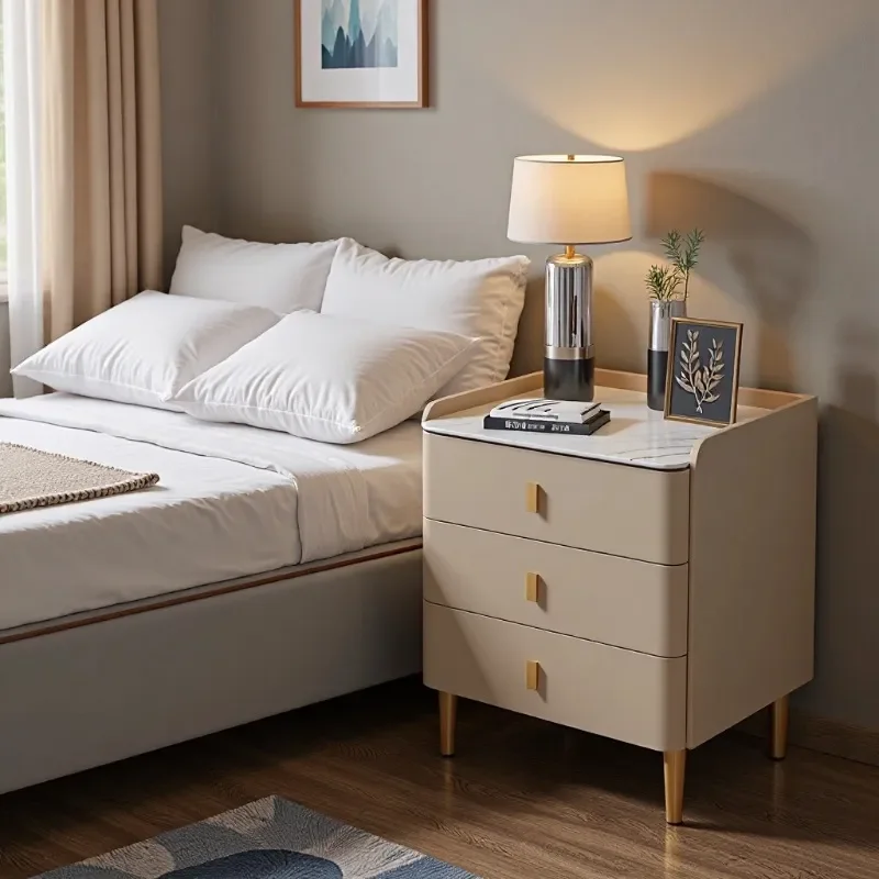 Italian Sintered Stone Nightstand Solid Wood Side Table Luxury Bedroom Storage Cabinet for Hotel Cruise Ship Rental Room