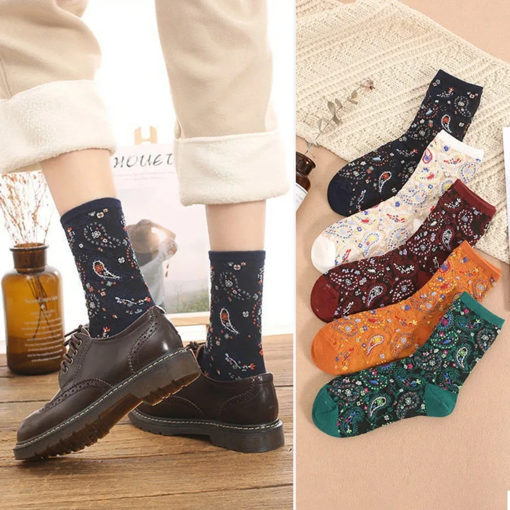 Women Retro Floral Print Cotton High Long Socks Thermal Ethnic Korean Fashion Harajuku Vintage Streetwear Crew Stockings