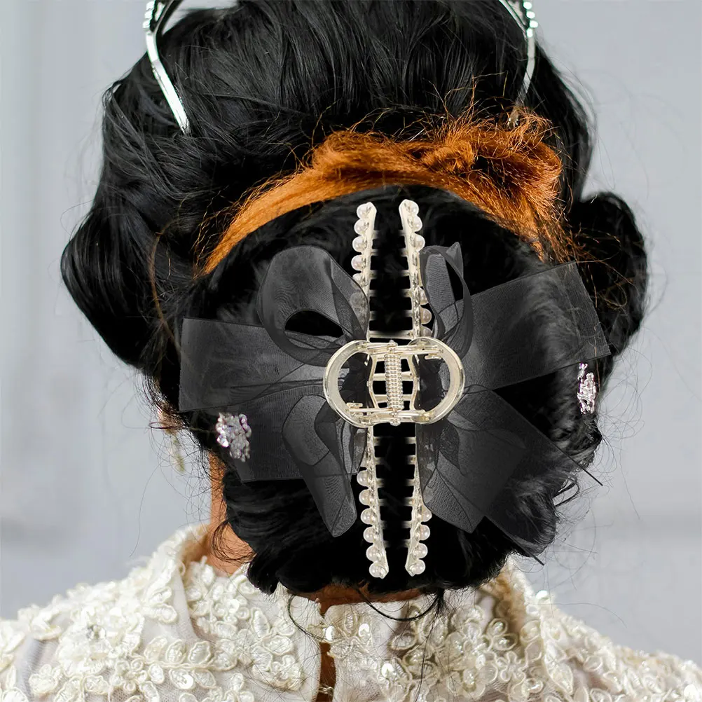 

2pcs Faux Pearl Hair Claw Clips Large Bowknot Thick Secure Hold Black Tulle Hair Accessories For Women Girls Wedding Party