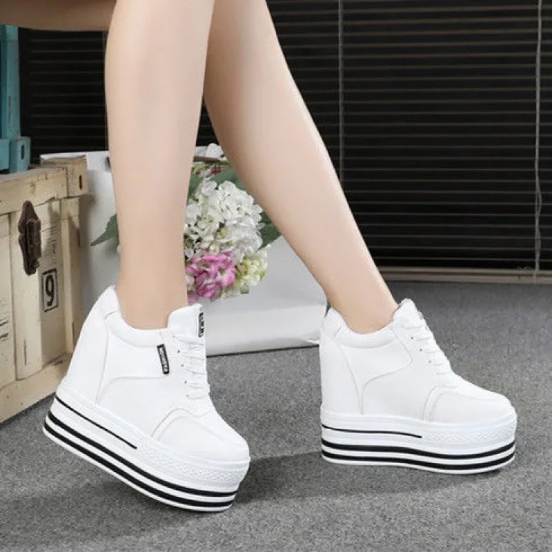 Women's Casual Sport Shoes Korean Trendy White Platform Sneakers Lace-up Closure Thick Sole Injected Height 12cm