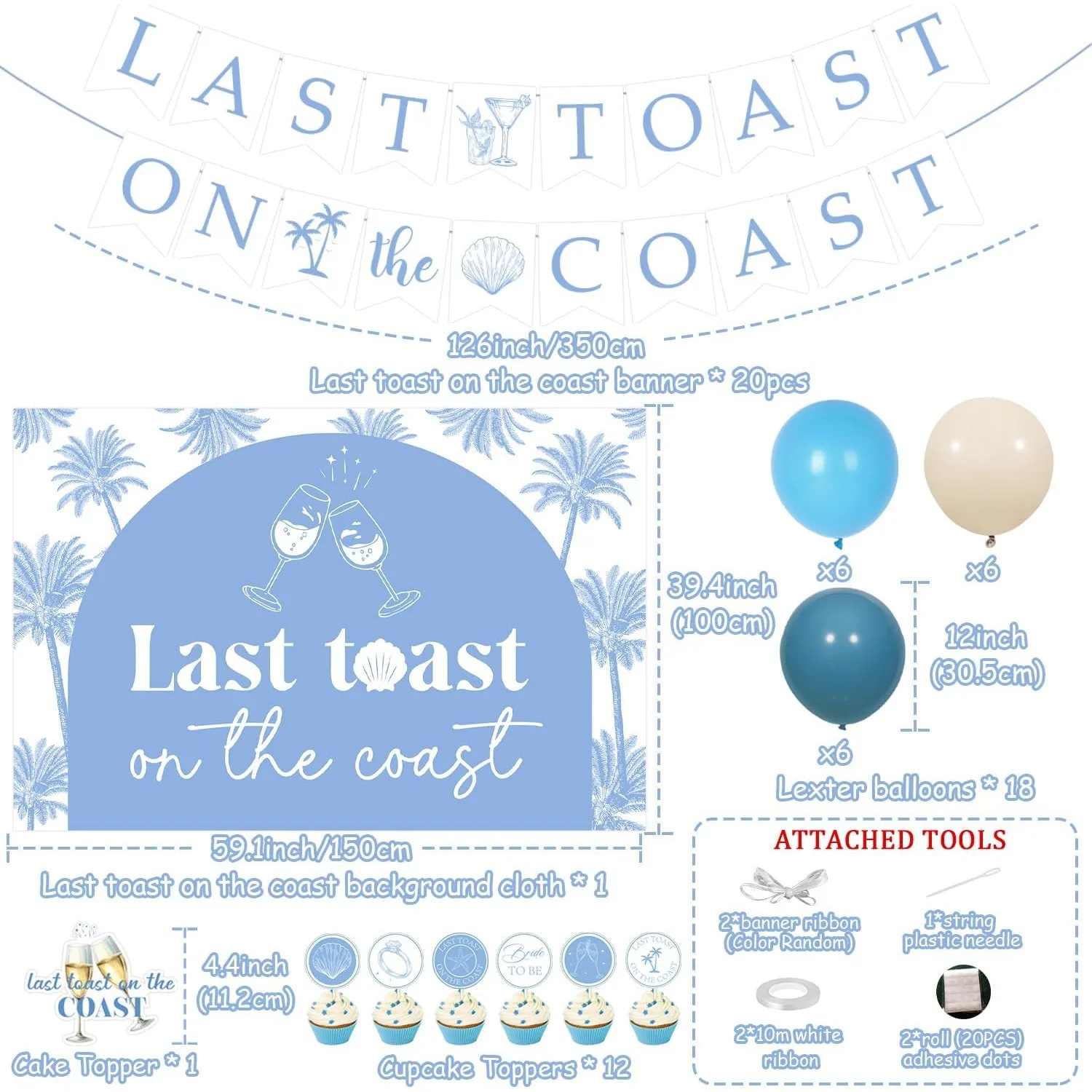 Joymemo Last Toast on The Coast Decorations Summer Beach Bachelorette Party Decor Blue Champagne Shell Palm Engagement Supplies