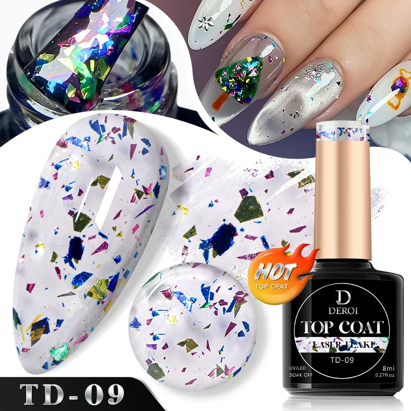 DEROI Top Coat Flash No Wipe Top Coat Glitter Sliver Glossy Topcoat Aurora Varnish Soak Off Flake UV Gel Polish Nail Art