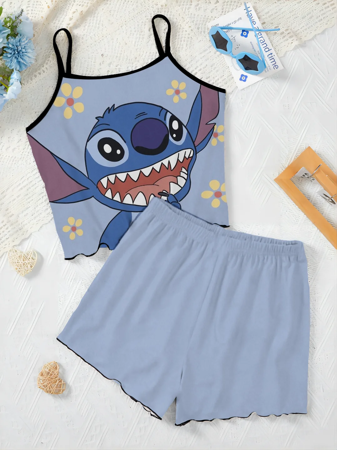 Stitch Top T-shirt Krótkie zestawy dla kobiet 2-częściowe wykończenie sałaty Disney Garnitur damski Sukienka na ramiączkach Elegancki 2-częściowy Luksusowy dom Disney