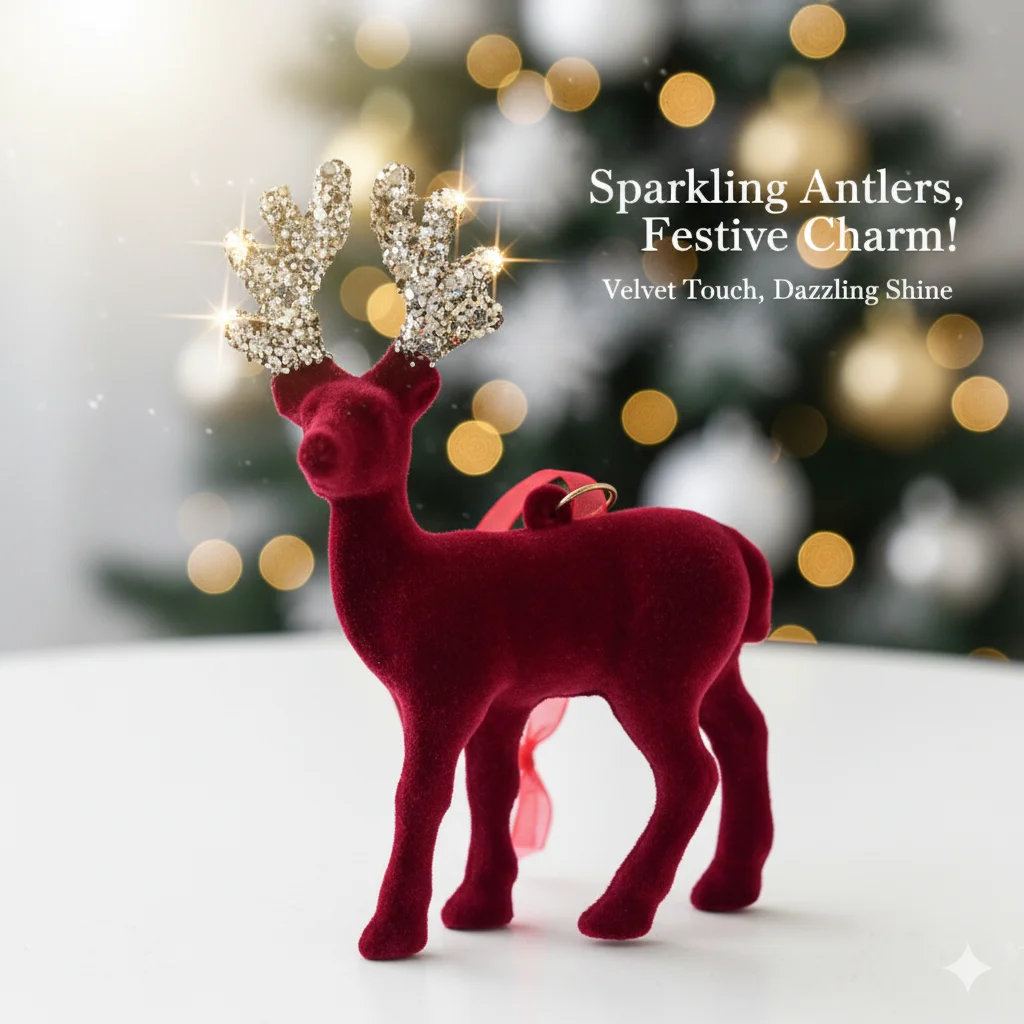 

Elegant Red Velvet Flocked Reindeer Ornaments Set Glitter Antlers Christmas Elk Decoration for Home Table Tree Holiday Decor