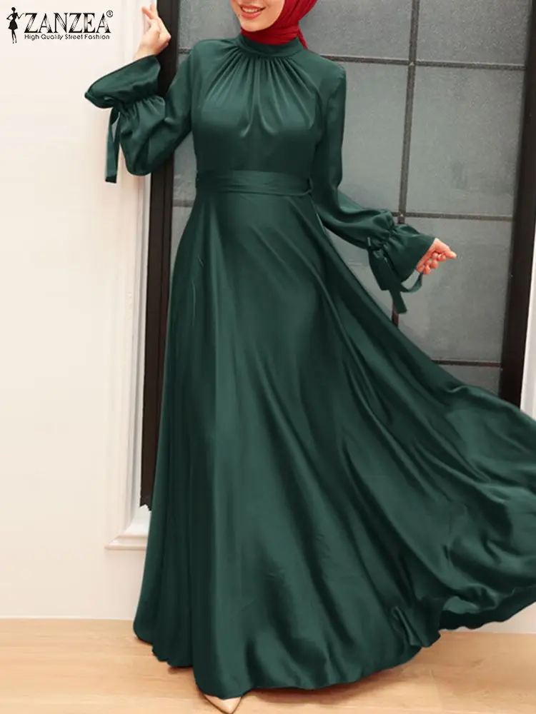 ZANZEA Muslim Fashion Satin Long Dresses Women Elegant Cinched Waist Long Sleeve Hijab Islamic Abaya Robes 2024 Autumn Vestidos