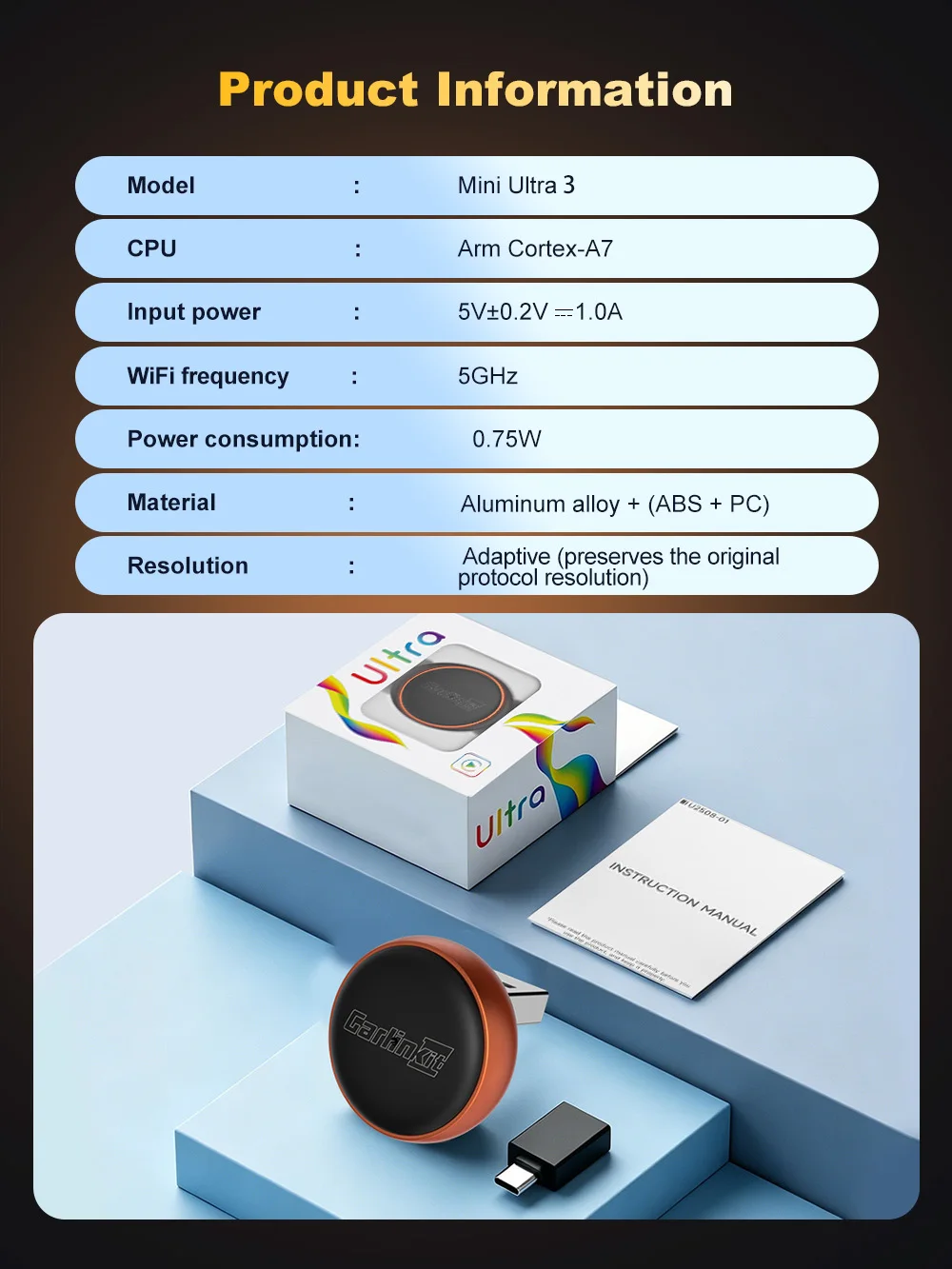 Adaptador Inalámbrico CarlinKit 2 en 1 para CarPlay y Android Auto, WiFi 5GHz, CarPlay Inalámbrico, Caja Inteligente para Sistemas de Auto, Plug and Play