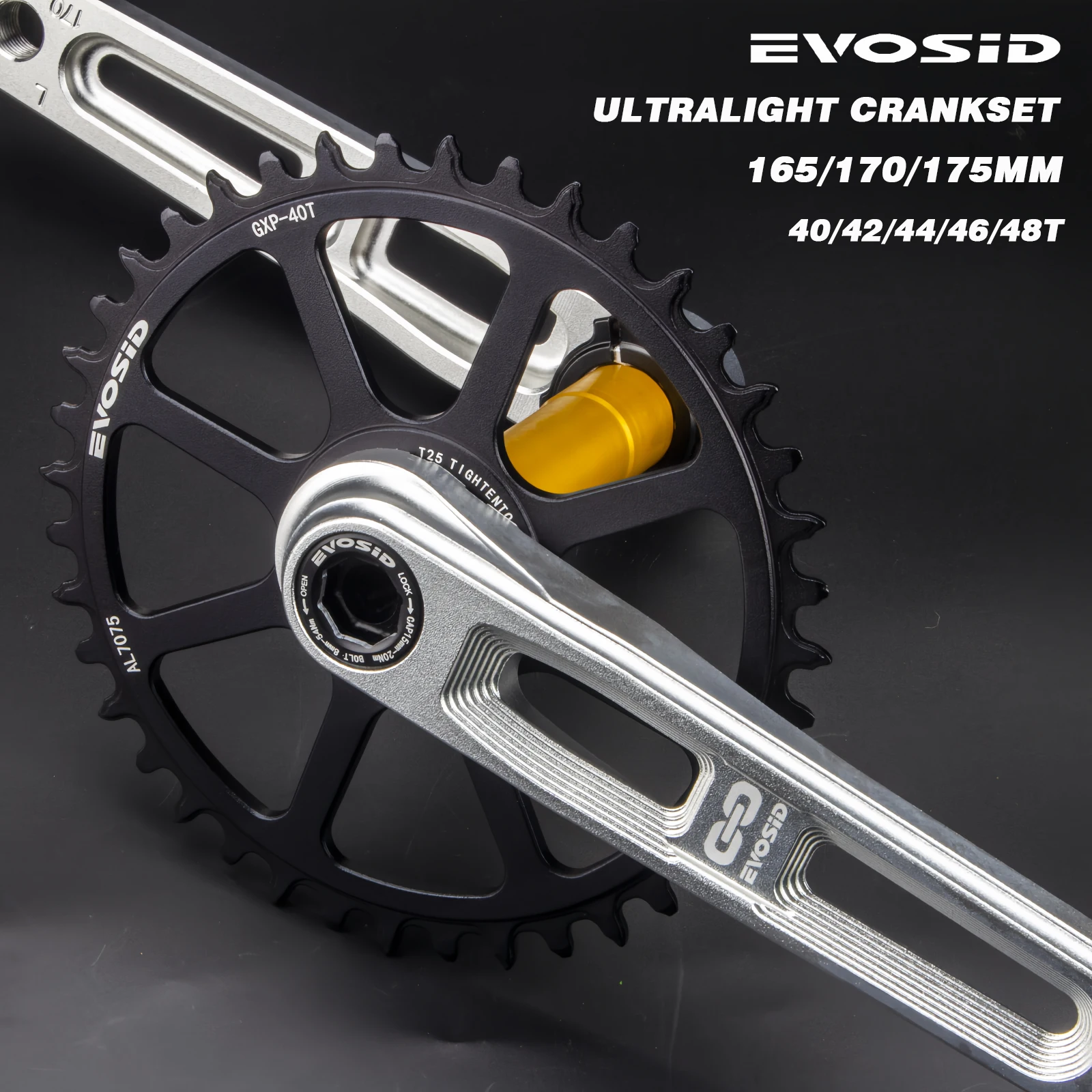 EVOSID 12s Ultralight Road Crankset 40 42 44T Single Chainring Hollow Tech Crank CNC 165mm with Bracket for Folding Bike