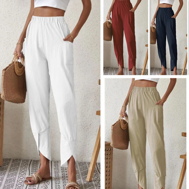 Summer Casual Cotton Linen Harem Pants Women Large Size Loose High Waist Elastic Ankle-length Pants Solid Lady Pocket Trousers