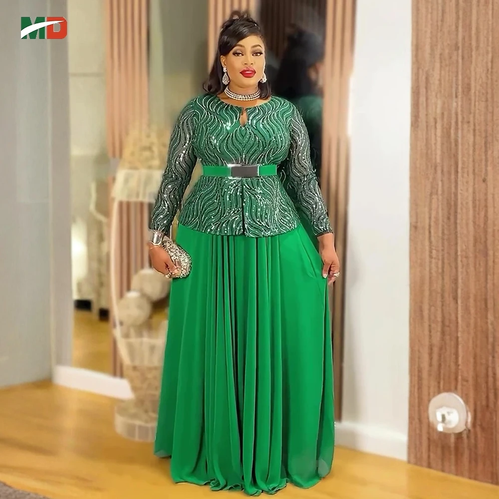 

MD Plus Size African Women's Gown Green Sequin Embellished Top with Long Sleeves Pleated Belt Maxi Dress For Weddings Parties