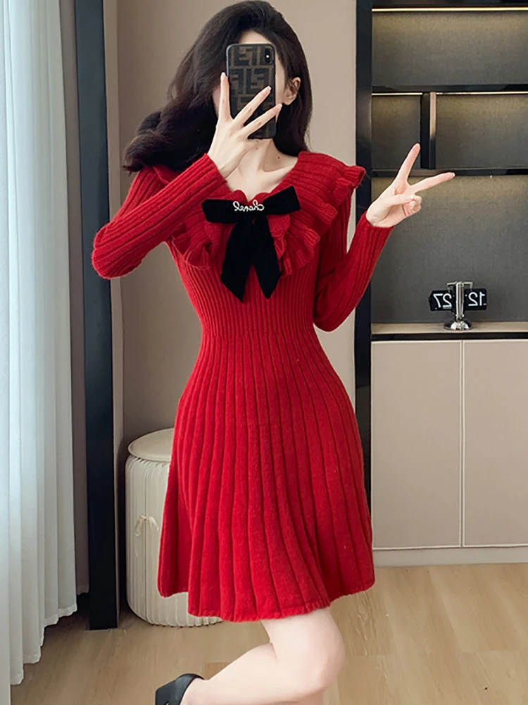 Women Red Knitted Chic Ruffled Bow Doll Collar Short Dress Autumn Winter Elegant Kawaii Sweater Dress 2024 Korean Vintage Dress