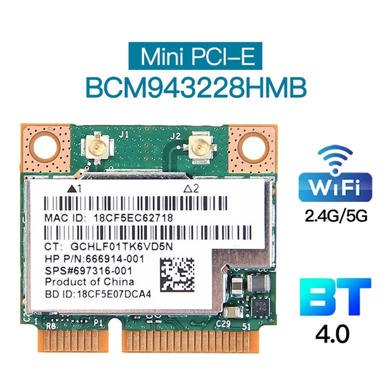 BCM943228HMB Network Card Dual Band 300Mbps Bluetooth4.0 802.11A/B/G/N Mini PCI-E Laptop WLAN Adapter