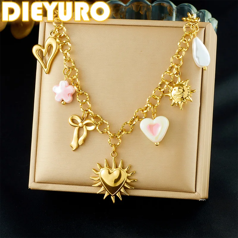 DIEYURO 316L الفولاذ المقاوم للصدأ الذهبي القلب الشمس Bowknot الوردي زهرة قلادة المرأة موضة جديدة مقاوم للماء سلسلة عنق مجوهرات