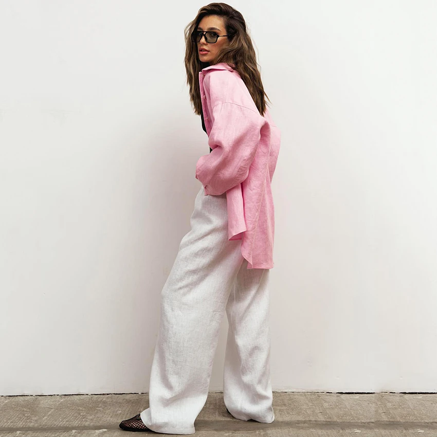 Linad Pantaloni casual bianchi larghi con coulisse Pantaloni da ufficio in cotone e lino a gamba larga Pantaloni lunghi a vita alta vintage autunnali femminili 2025