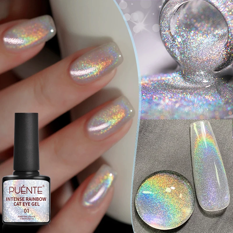 PUENTE 7.5ML Rainbow Cat Eye Gel Nail Polish Silvery Iridescent Glitter Cat Magnetic Nail Gel Soak Off UV Semi-permanent Varnish