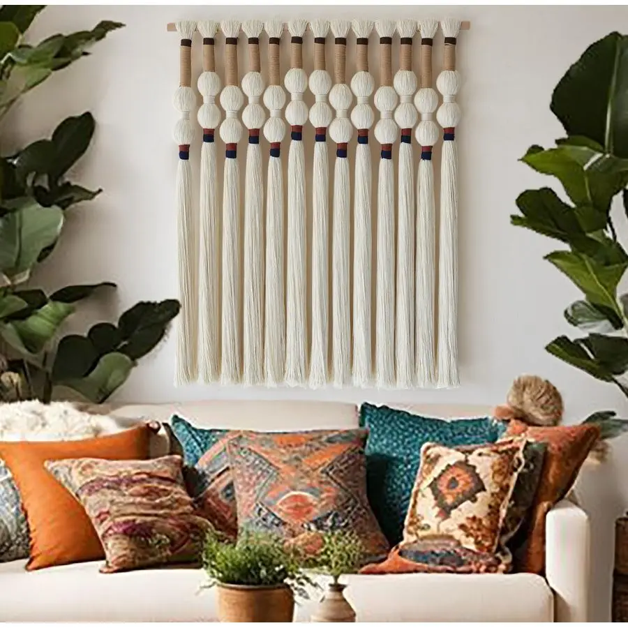 

Macrame Wall Hanging Boho Wall Art Handmade Spherical Knot Design with Tassel Fringe, Boho Decor for Bedroom Living Room, for Ho