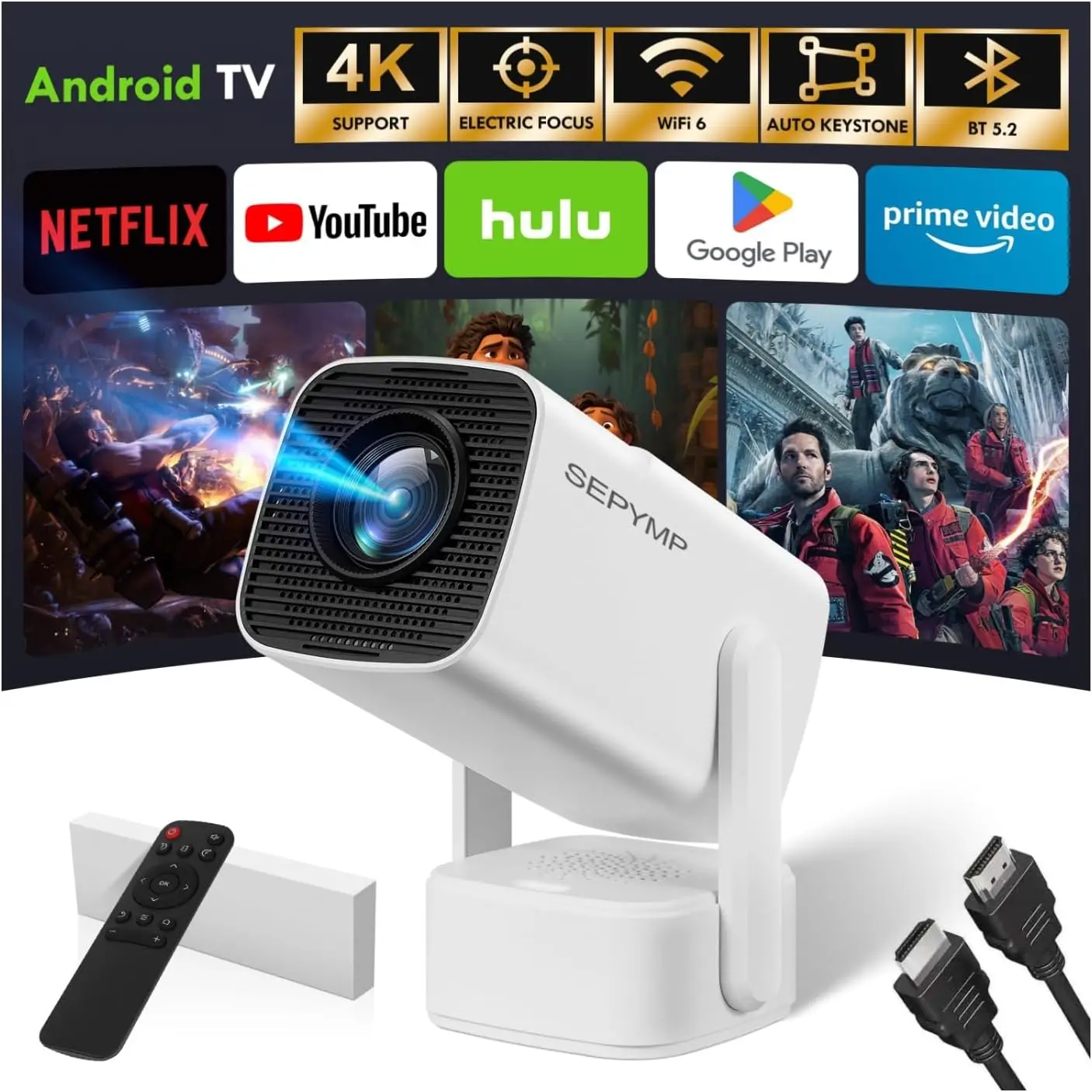 

2025 Upgraded Mini Projector with 4K & 1080P, Portable for Bedroom Outdoor, Android WiFi Bluetooth Netflix Compatible