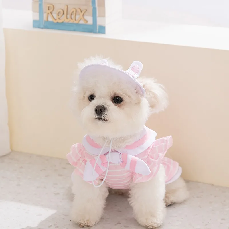 Camiseta rosa a rayas para perro, chaleco de verano transpirable para mascotas, ropa estilo Teddy con cuello azul marino, jersey estilo universitario para Yorkshire con gorro