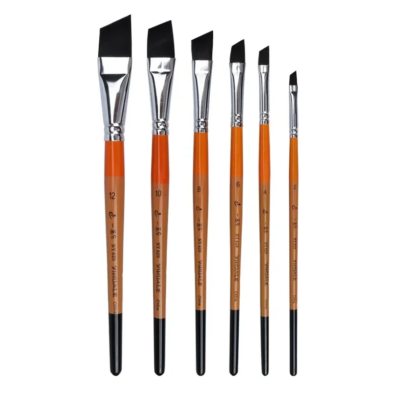 6pcs set high quality short-wood pole oblique head paint brush gouache water painting black nylon hair acrylic oil painting pen
