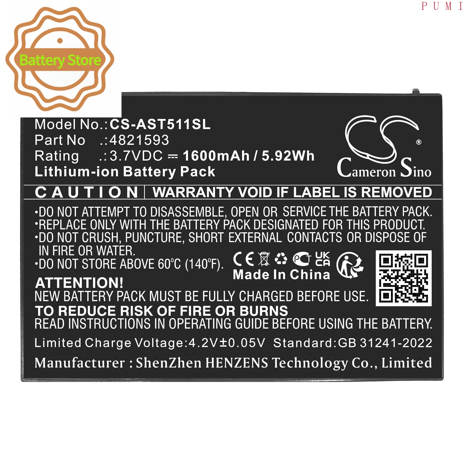 CS Replacement Battery for Assa Abloy VOT1511L2R01,VingCard Elsafe PN:4821593 1600mAh / 5.92Wh