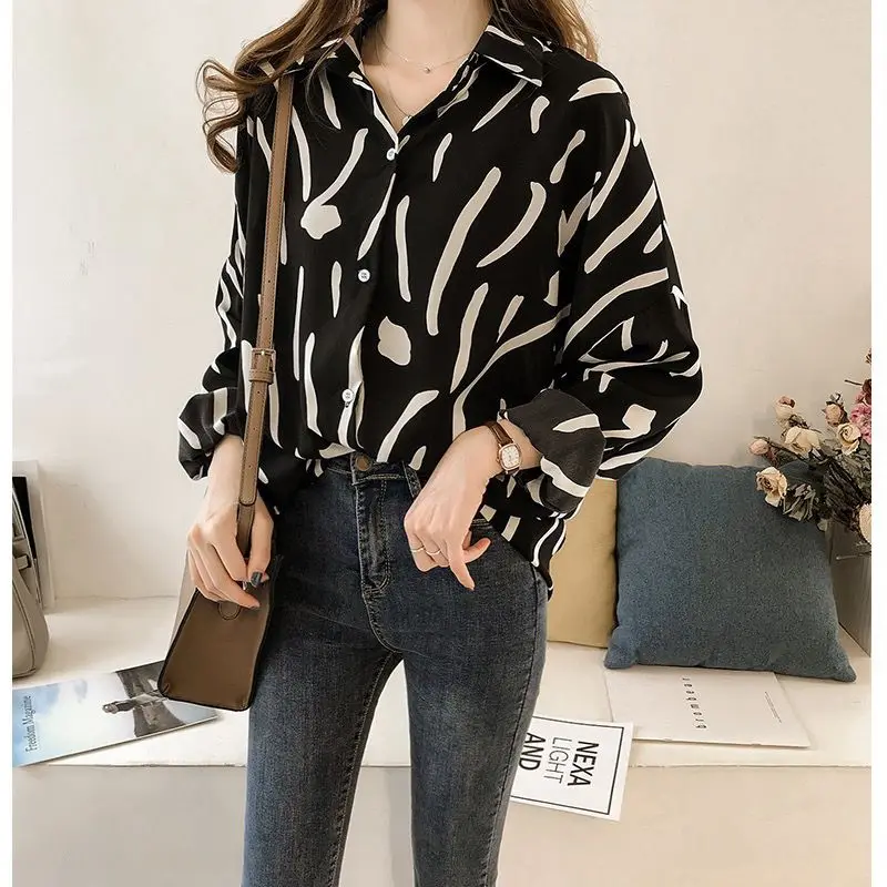 

New Graffiti Printing Single-breasted Blouse Women Classic Long Sleeve Casual Office Polo Collar Loose Lady Chiffon Shirt