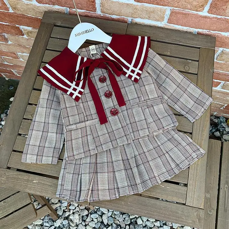 Autumn Girls Casual Suit Set Spring 2023 Collegiate Style Baby Girl Toddler Two-piece Sets Fall Kids Fashion Lapel Party Clothes