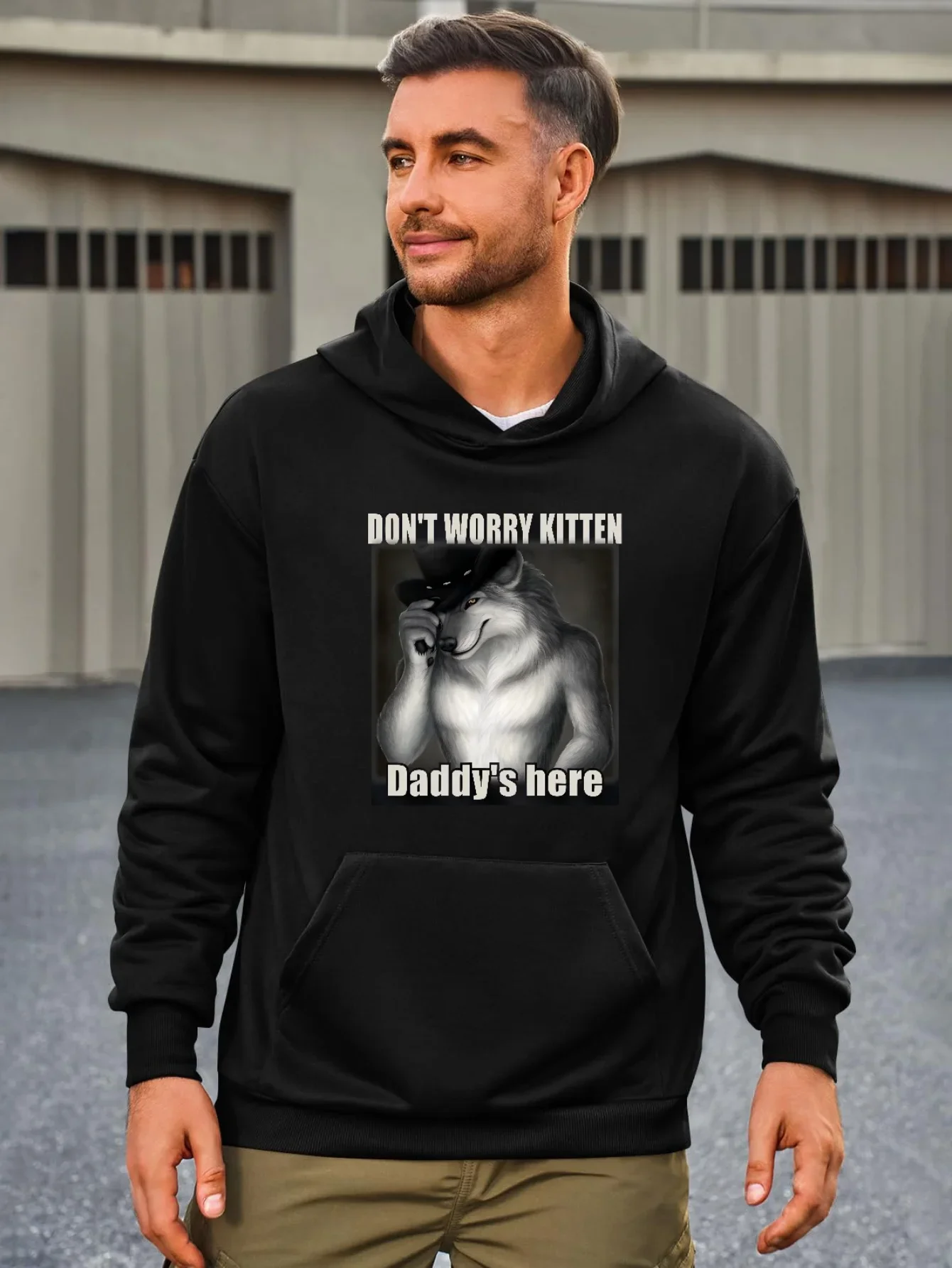 

Men's Edgy Pullover Hoodie - Sarcastic Wolf Print Sweatshirt, A Fashion-Forward Pick for Street Style Fans
