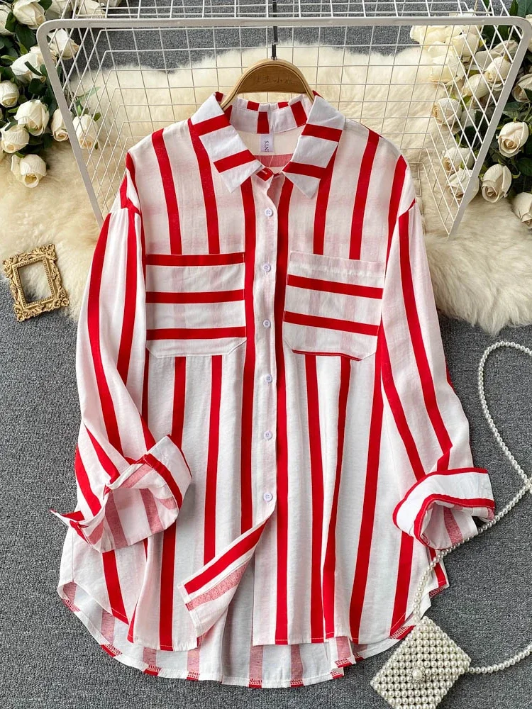 Hikigawa Chic Fashion Women Tops Turn Down Collar Long Sleeve Striped Casual Shirts Korean Versatile Female Blouses Blusas Mujer